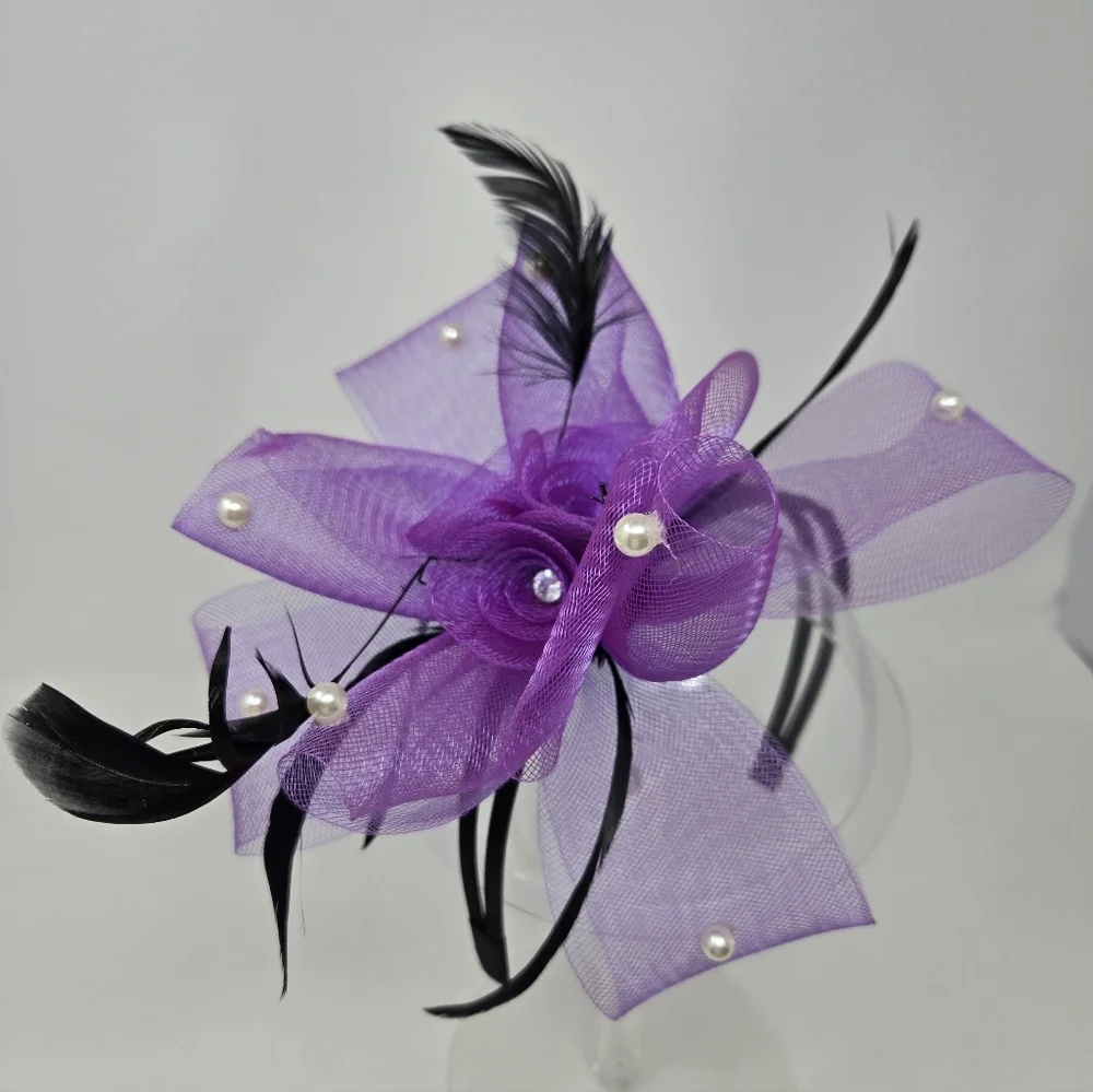 HANDMADE VINTAGE FASCINATOR HEADBAND BLACK & PURPLE KENTUCKY DERBY WOMEN OS